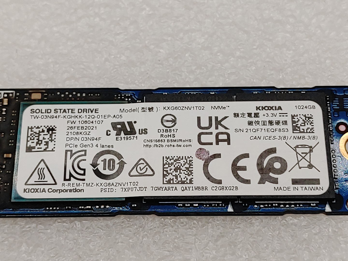 Kioxia 1024GB XG6 M.2 PCIe Gen3 x4 NVMe (KXG60ZNV1T02) NVMe SSD (100% Health) - Image 3