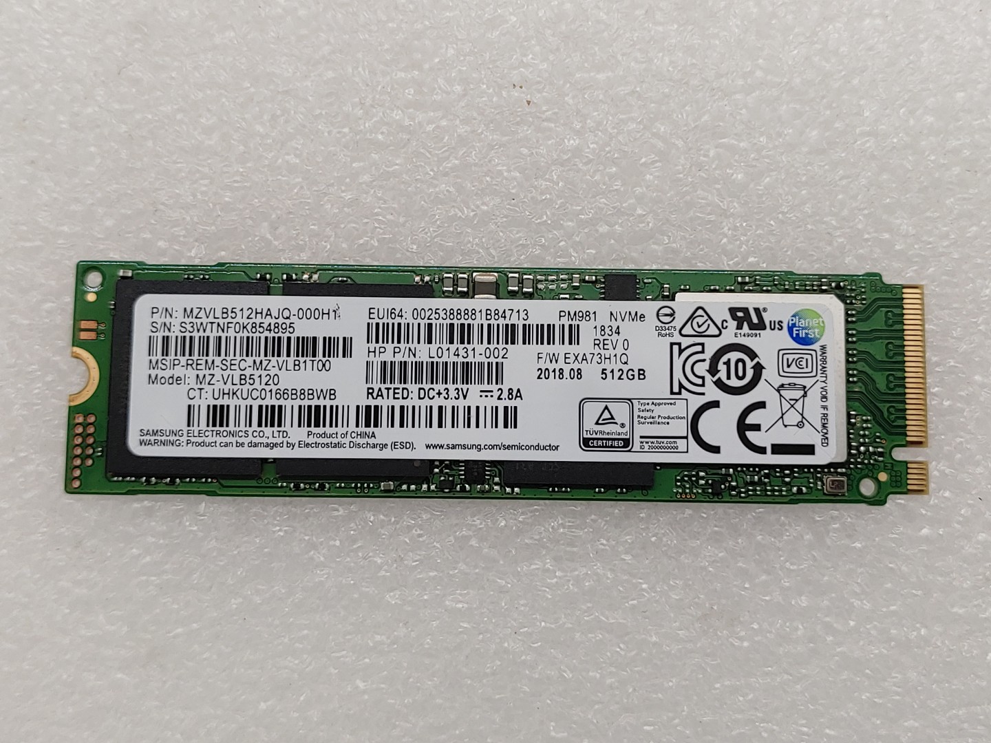 Samsung 512GB PM981 Gen3x4 NVMe M.2 SSD MZ-VLB5120 / L01431-002 (100% Health)
